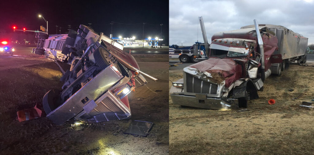 Two views of a semi-truck after a rollover accident